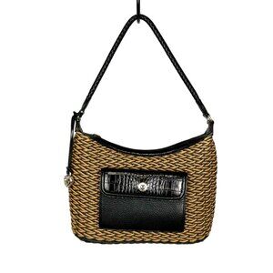 Brighton Edna Tan Woven Straw Rattan Purse Handbag Hobo Black Leather Trim